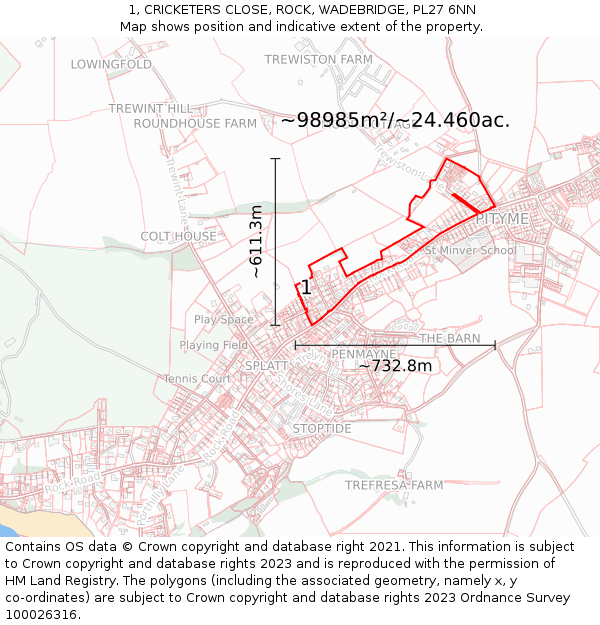 1, CRICKETERS CLOSE, ROCK, WADEBRIDGE, PL27 6NN: Plot and title map