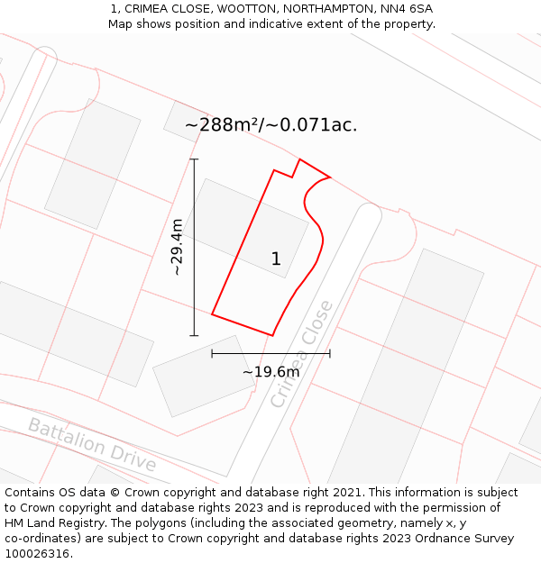 1, CRIMEA CLOSE, WOOTTON, NORTHAMPTON, NN4 6SA: Plot and title map