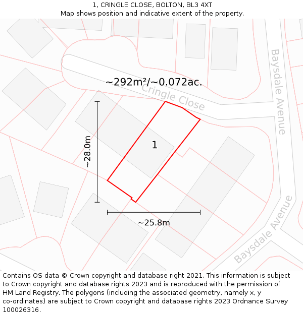 1, CRINGLE CLOSE, BOLTON, BL3 4XT: Plot and title map