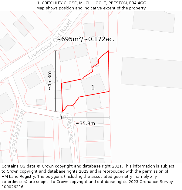 1, CRITCHLEY CLOSE, MUCH HOOLE, PRESTON, PR4 4GG: Plot and title map