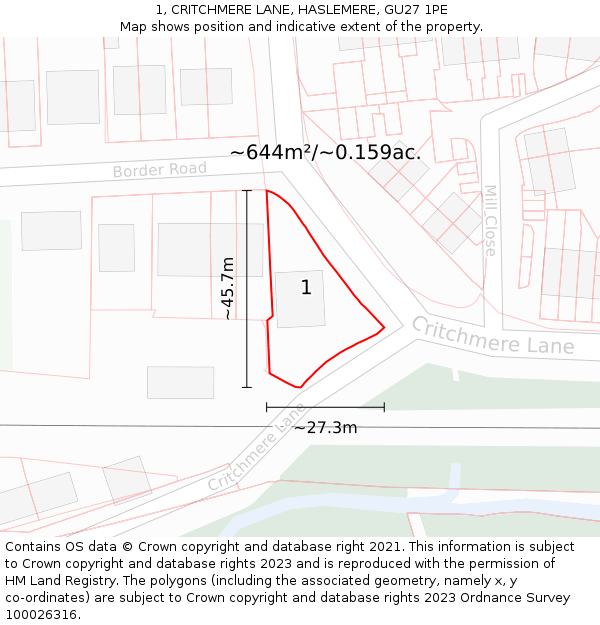 1, CRITCHMERE LANE, HASLEMERE, GU27 1PE: Plot and title map