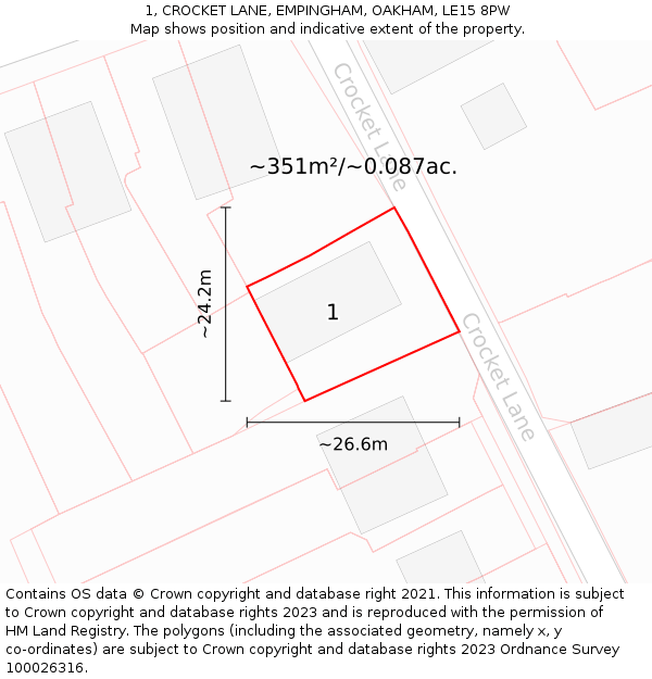 1, CROCKET LANE, EMPINGHAM, OAKHAM, LE15 8PW: Plot and title map