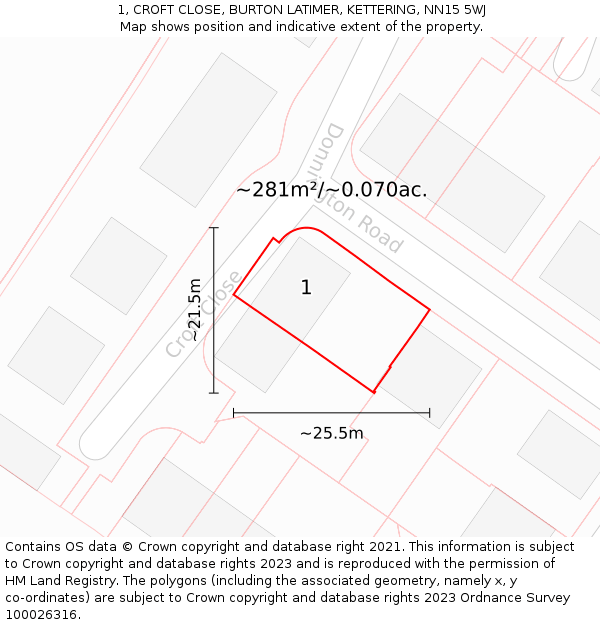 1, CROFT CLOSE, BURTON LATIMER, KETTERING, NN15 5WJ: Plot and title map