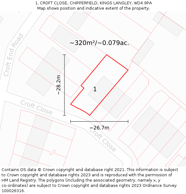 1, CROFT CLOSE, CHIPPERFIELD, KINGS LANGLEY, WD4 9PA: Plot and title map