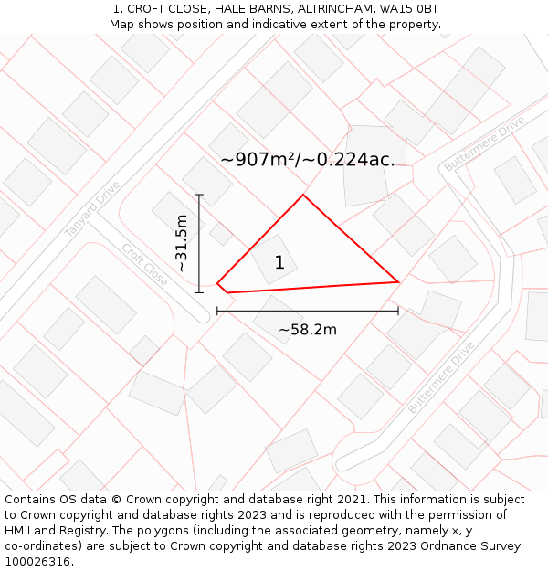 1, CROFT CLOSE, HALE BARNS, ALTRINCHAM, WA15 0BT: Plot and title map