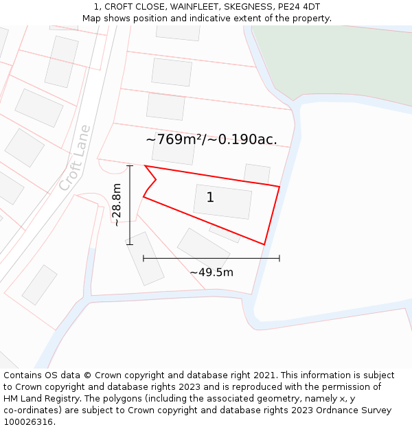 1, CROFT CLOSE, WAINFLEET, SKEGNESS, PE24 4DT: Plot and title map