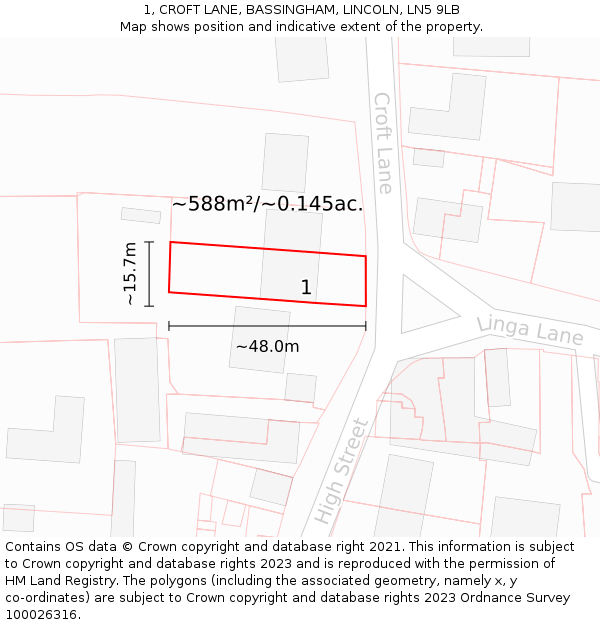 1, CROFT LANE, BASSINGHAM, LINCOLN, LN5 9LB: Plot and title map