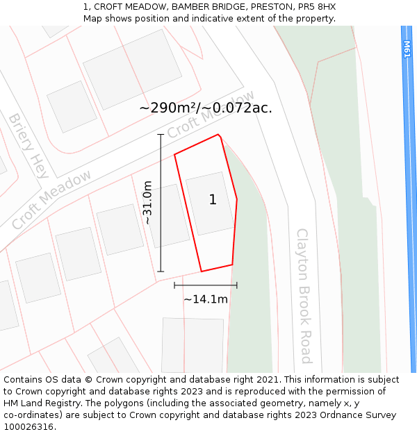 1, CROFT MEADOW, BAMBER BRIDGE, PRESTON, PR5 8HX: Plot and title map