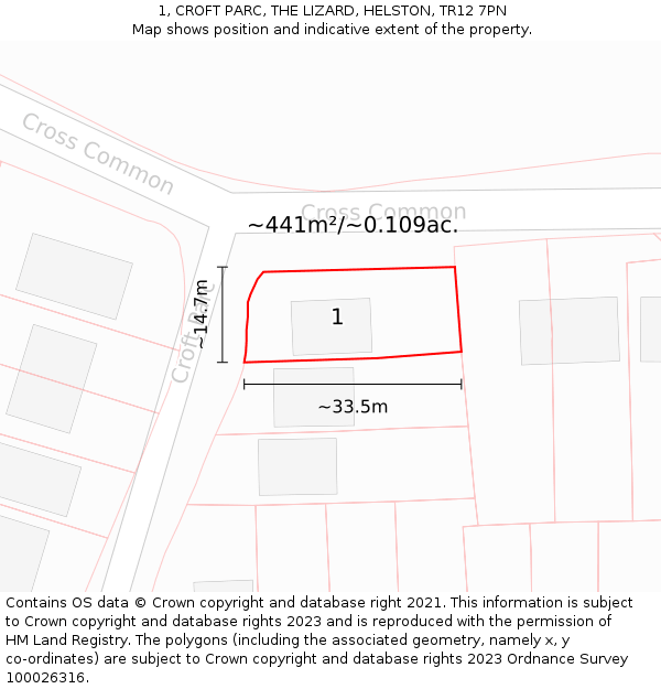 1, CROFT PARC, THE LIZARD, HELSTON, TR12 7PN: Plot and title map