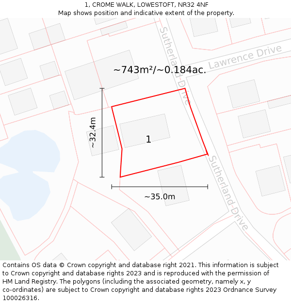 1, CROME WALK, LOWESTOFT, NR32 4NF: Plot and title map