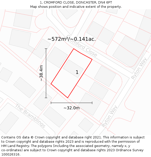1, CROMFORD CLOSE, DONCASTER, DN4 6PT: Plot and title map