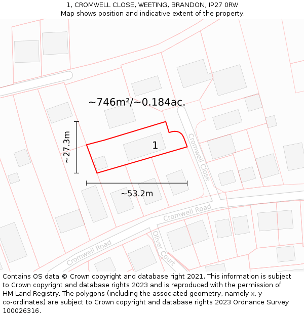 1, CROMWELL CLOSE, WEETING, BRANDON, IP27 0RW: Plot and title map