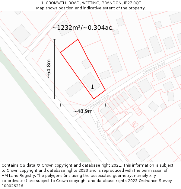 1, CROMWELL ROAD, WEETING, BRANDON, IP27 0QT: Plot and title map