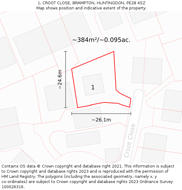 1, CROOT CLOSE, BRAMPTON, HUNTINGDON, PE28 4SZ: Plot and title map