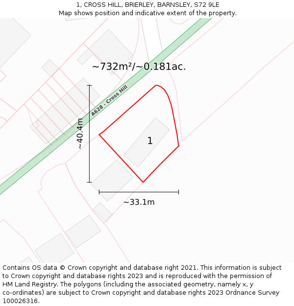 1, CROSS HILL, BRIERLEY, BARNSLEY, S72 9LE: Plot and title map