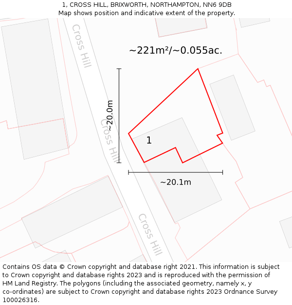 1, CROSS HILL, BRIXWORTH, NORTHAMPTON, NN6 9DB: Plot and title map