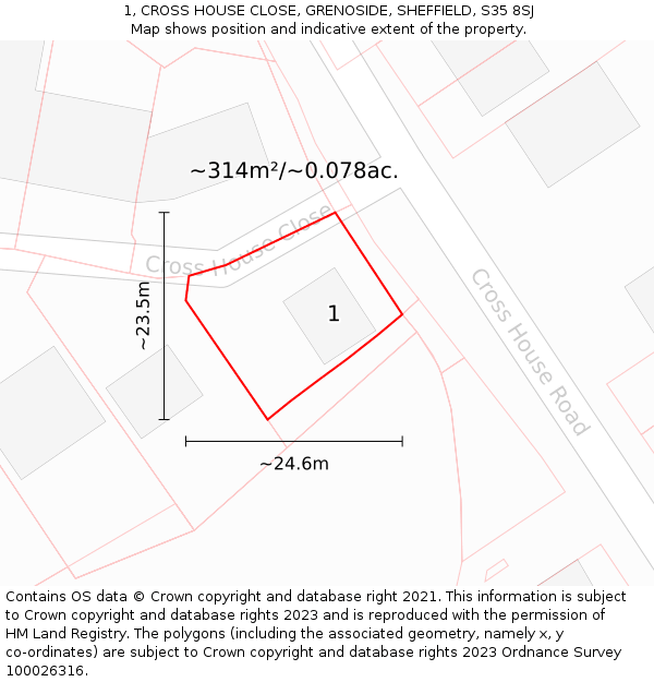 1, CROSS HOUSE CLOSE, GRENOSIDE, SHEFFIELD, S35 8SJ: Plot and title map