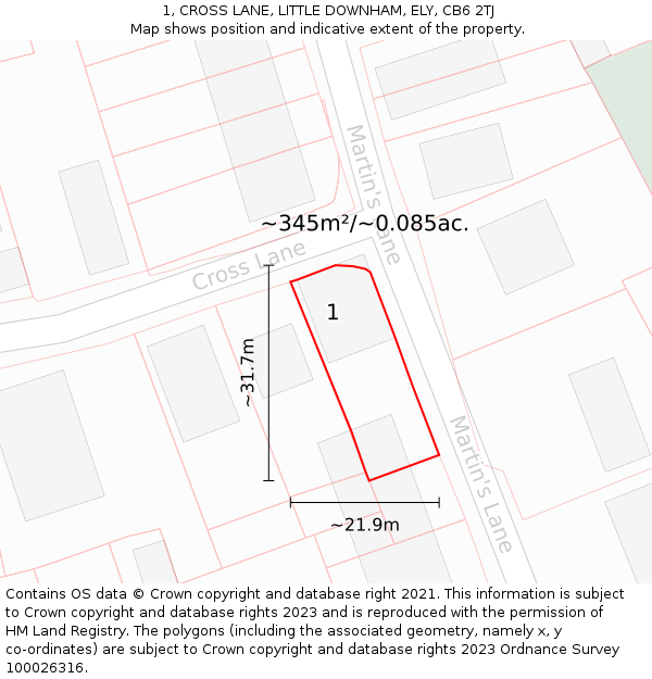 1, CROSS LANE, LITTLE DOWNHAM, ELY, CB6 2TJ: Plot and title map