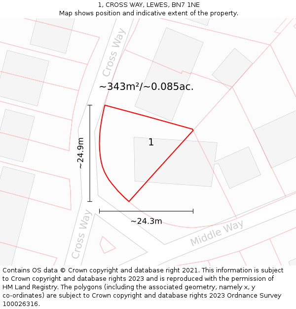1, CROSS WAY, LEWES, BN7 1NE: Plot and title map