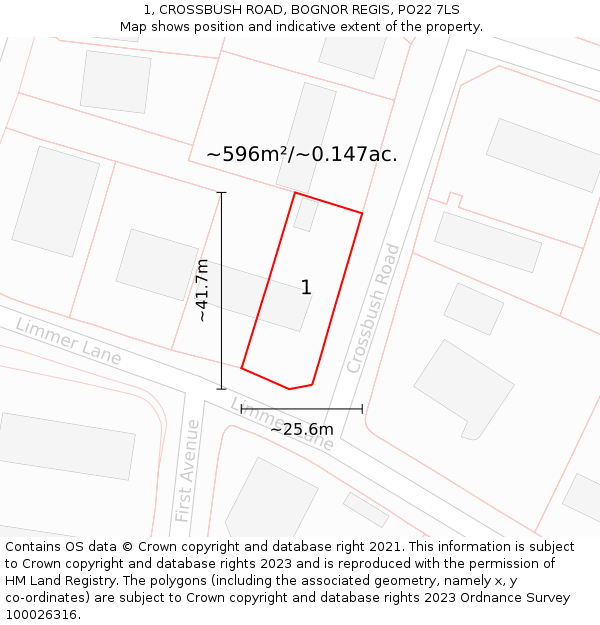1, CROSSBUSH ROAD, BOGNOR REGIS, PO22 7LS: Plot and title map
