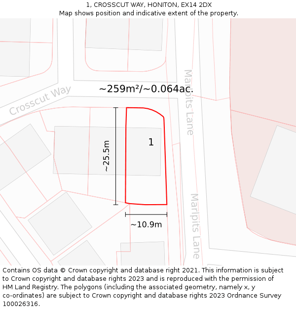 1, CROSSCUT WAY, HONITON, EX14 2DX: Plot and title map
