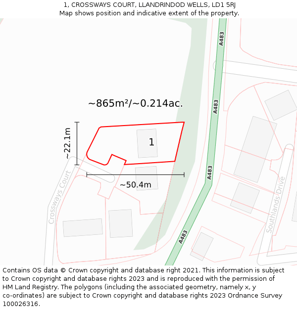 1, CROSSWAYS COURT, LLANDRINDOD WELLS, LD1 5RJ: Plot and title map
