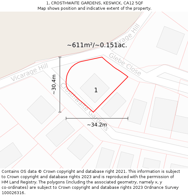 1, CROSTHWAITE GARDENS, KESWICK, CA12 5QF: Plot and title map