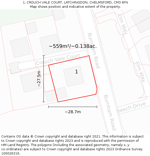 1, CROUCH VALE COURT, LATCHINGDON, CHELMSFORD, CM3 6FN: Plot and title map