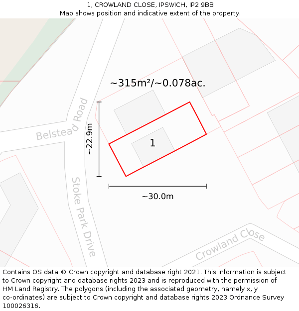 1, CROWLAND CLOSE, IPSWICH, IP2 9BB: Plot and title map
