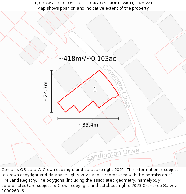 1, CROWMERE CLOSE, CUDDINGTON, NORTHWICH, CW8 2ZF: Plot and title map