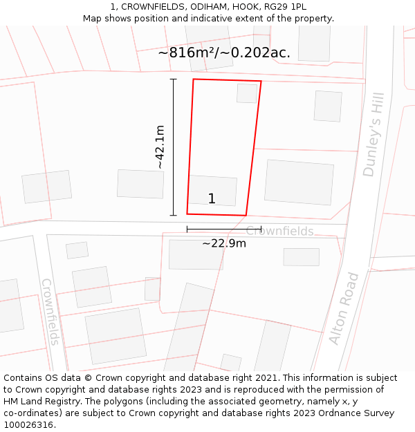 1, CROWNFIELDS, ODIHAM, HOOK, RG29 1PL: Plot and title map