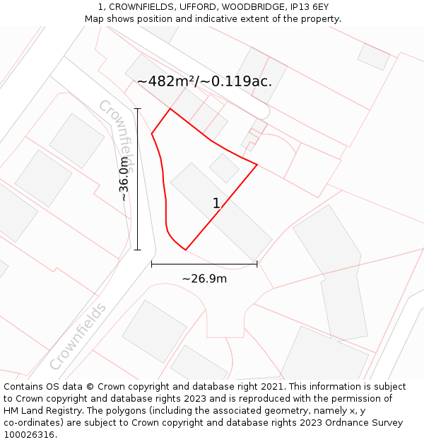 1, CROWNFIELDS, UFFORD, WOODBRIDGE, IP13 6EY: Plot and title map