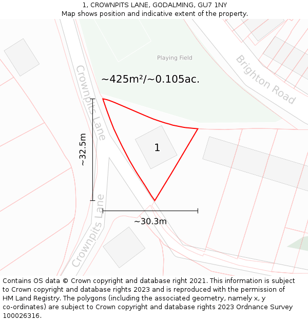1, CROWNPITS LANE, GODALMING, GU7 1NY: Plot and title map