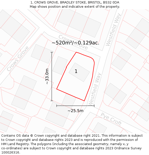 1, CROWS GROVE, BRADLEY STOKE, BRISTOL, BS32 0DA: Plot and title map