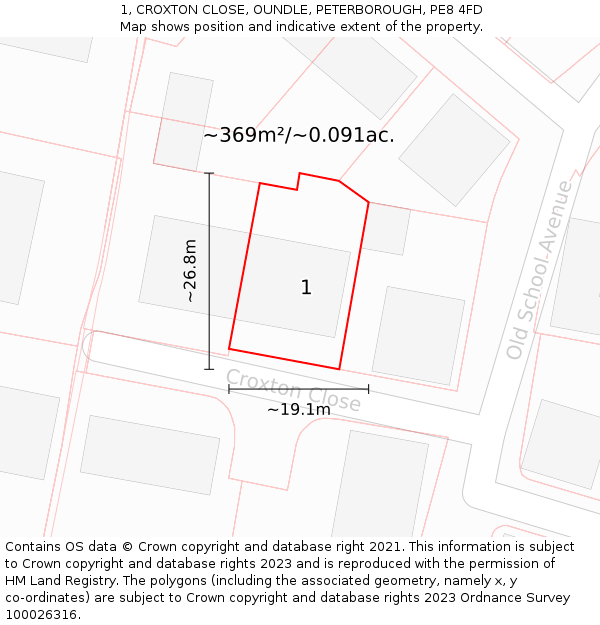 1, CROXTON CLOSE, OUNDLE, PETERBOROUGH, PE8 4FD: Plot and title map