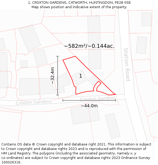 1, CROXTON GARDENS, CATWORTH, HUNTINGDON, PE28 0SE: Plot and title map