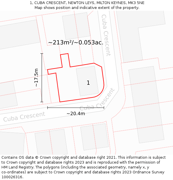 1, CUBA CRESCENT, NEWTON LEYS, MILTON KEYNES, MK3 5NE: Plot and title map