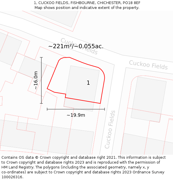 1, CUCKOO FIELDS, FISHBOURNE, CHICHESTER, PO18 8EF: Plot and title map