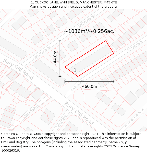 1, CUCKOO LANE, WHITEFIELD, MANCHESTER, M45 6TE: Plot and title map