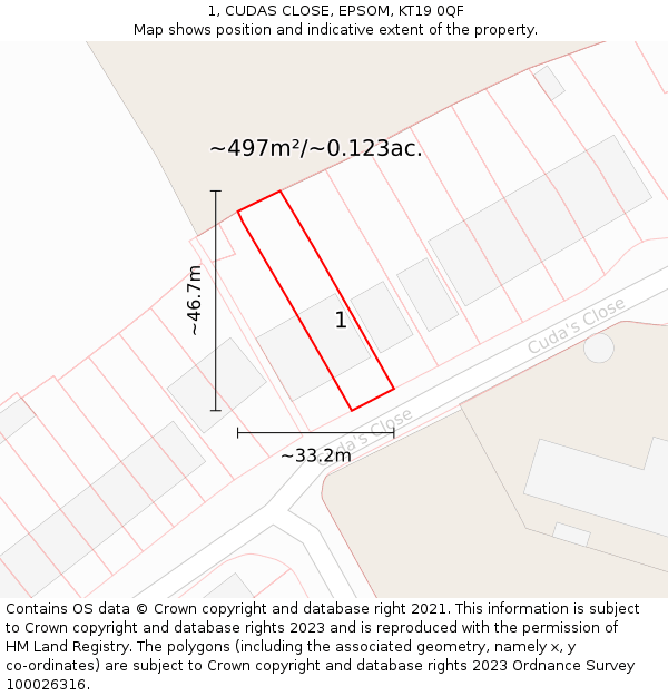 1, CUDAS CLOSE, EPSOM, KT19 0QF: Plot and title map