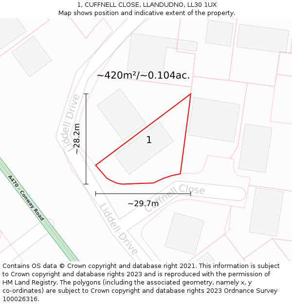 1, CUFFNELL CLOSE, LLANDUDNO, LL30 1UX: Plot and title map