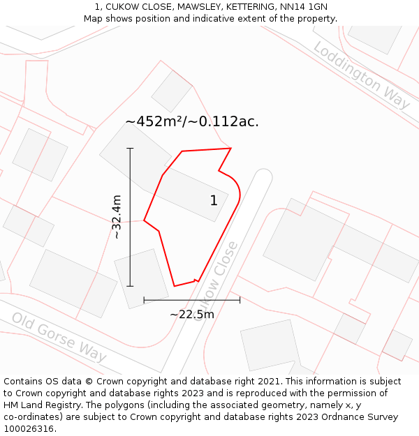1, CUKOW CLOSE, MAWSLEY, KETTERING, NN14 1GN: Plot and title map