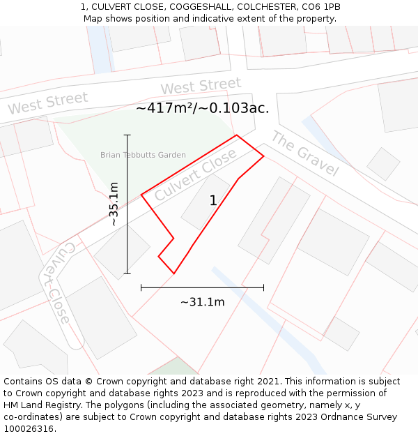 1, CULVERT CLOSE, COGGESHALL, COLCHESTER, CO6 1PB: Plot and title map
