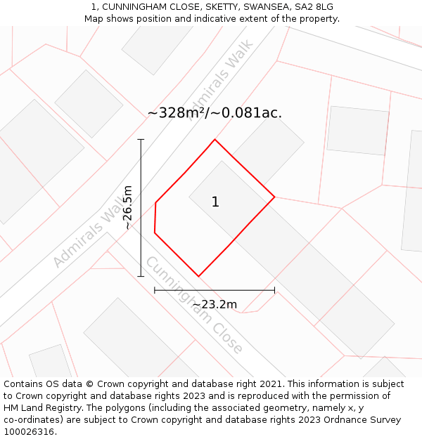 1, CUNNINGHAM CLOSE, SKETTY, SWANSEA, SA2 8LG: Plot and title map