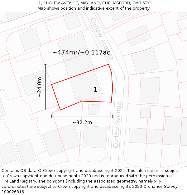 1, CURLEW AVENUE, MAYLAND, CHELMSFORD, CM3 6TX: Plot and title map