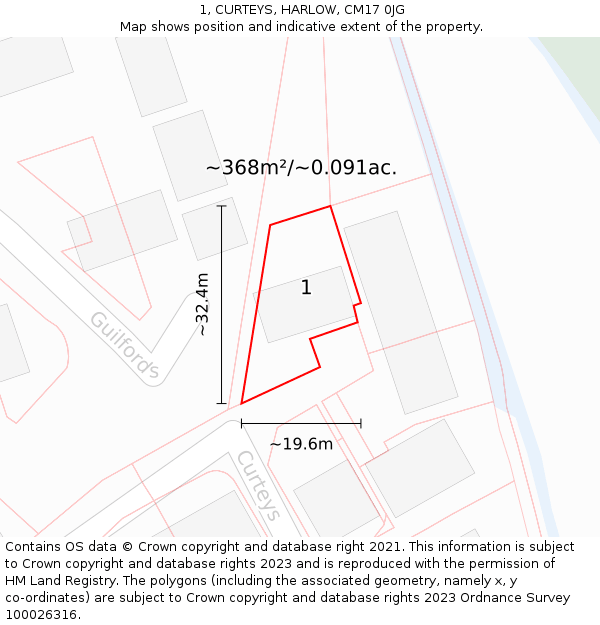 1, CURTEYS, HARLOW, CM17 0JG: Plot and title map