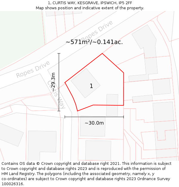 1, CURTIS WAY, KESGRAVE, IPSWICH, IP5 2FF: Plot and title map