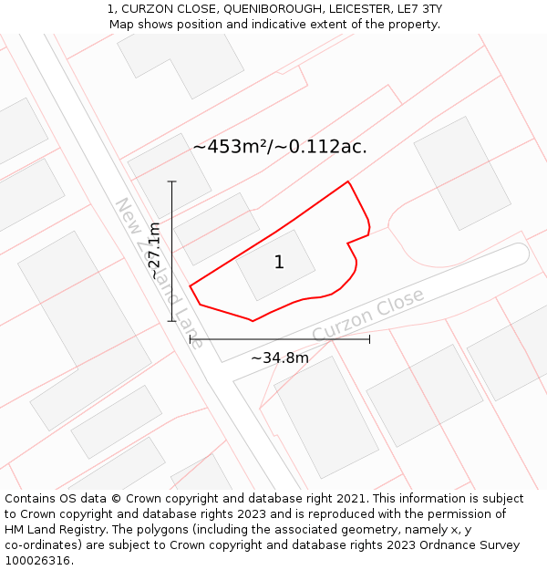 1, CURZON CLOSE, QUENIBOROUGH, LEICESTER, LE7 3TY: Plot and title map