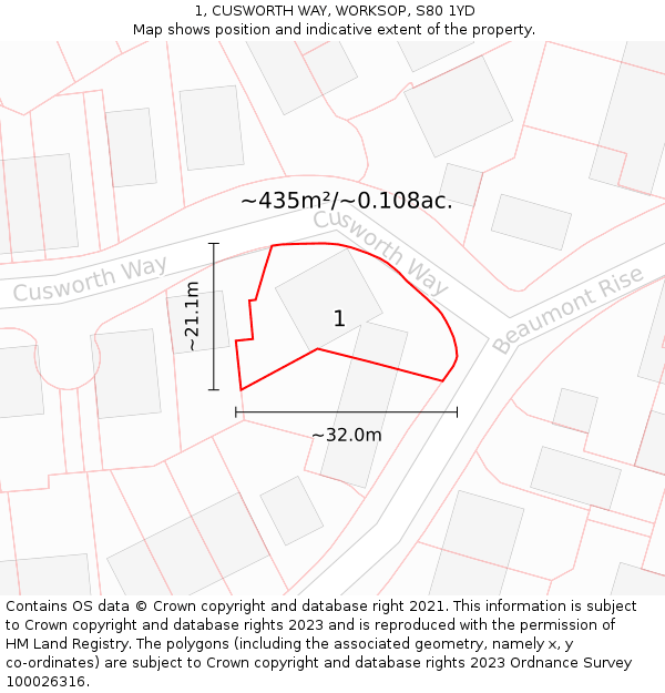 1, CUSWORTH WAY, WORKSOP, S80 1YD: Plot and title map