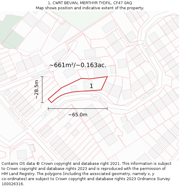 1, CWRT BEVAN, MERTHYR TYDFIL, CF47 0AQ: Plot and title map